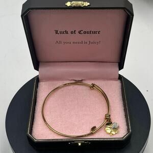Juicy Couture Gold Plated Adjustable Clover Wish Pave Charm Bangle Good Luck